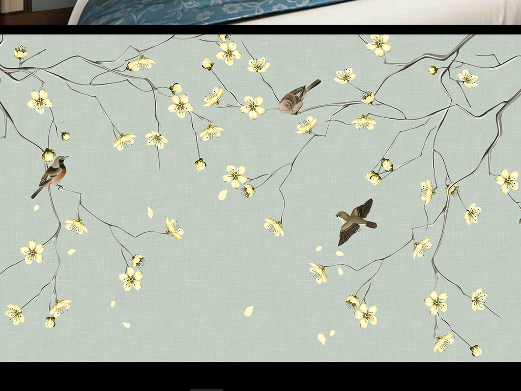 現(xiàn)代簡約風(fēng)韻 梨花手繪工筆花鳥新中式背景墻的藝術(shù)解讀